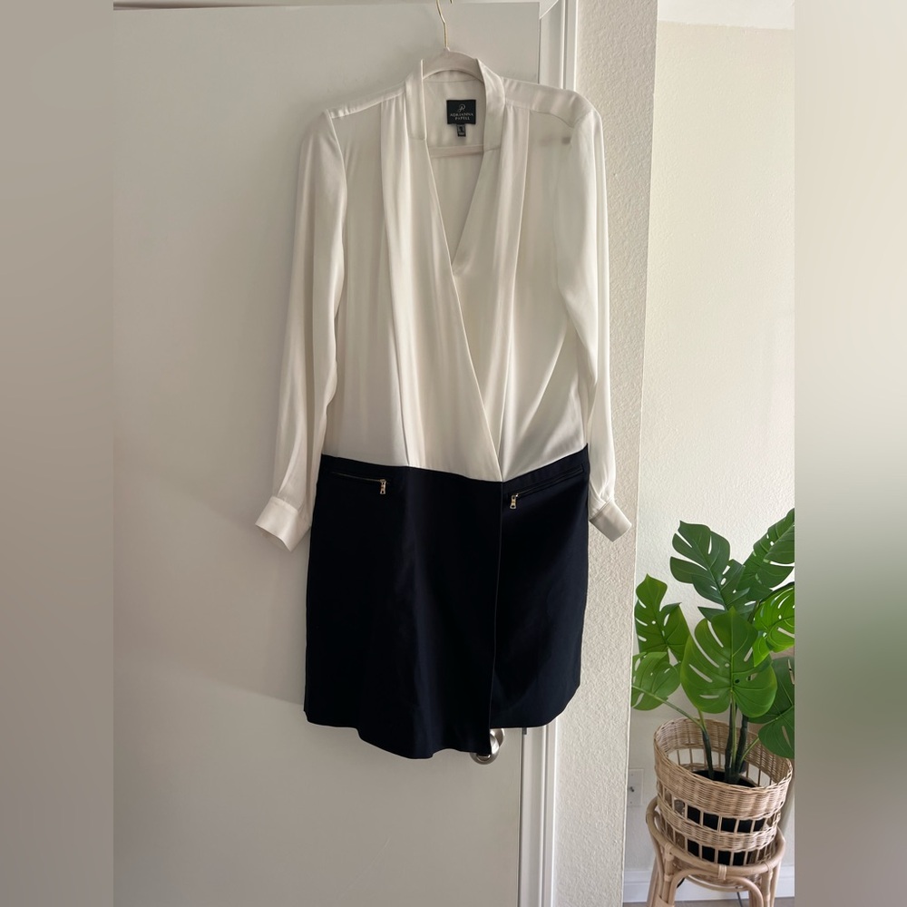 Adriana Papell Preppy Minimalist Long Sleeve White Blouse Navy Skirt Dress - Picture 2 of 13